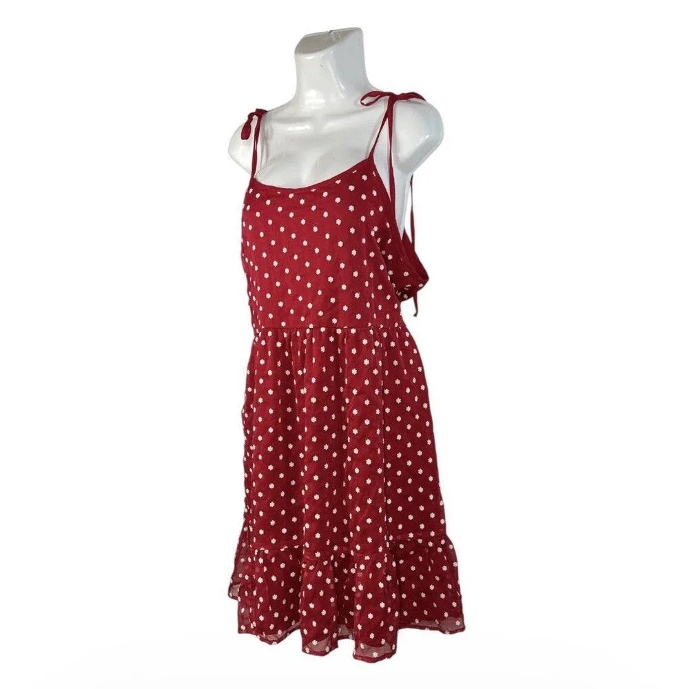 MIKAROSE Red White Daisy Mini Sundress XL Tie Shoulder Ruffles Cottagecore - Picture 2 of 12
